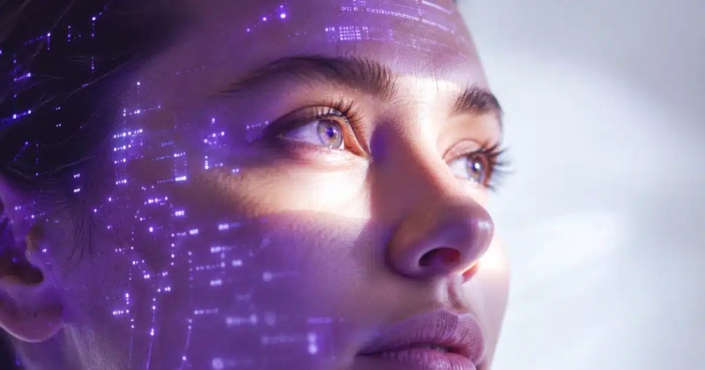 Mulher com projeções digitais no rosto representando inteligência artificial