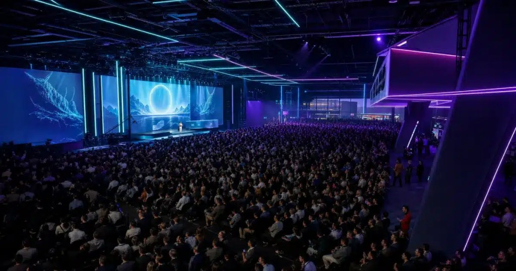 grande conferencia auditorio iluminacao neon azul roxa teloes