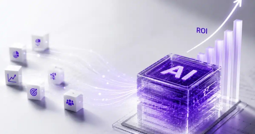 Cubo de inteligência artificial com gráfico de crescimento e ROI